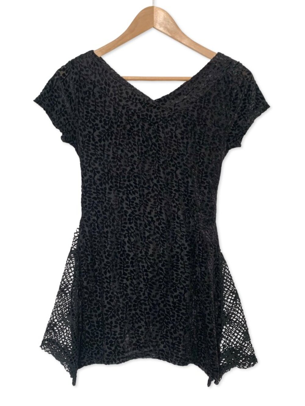 Vintage Y2K Velvet Mesh Lace Short Sleeve V Neck Blouse Top Whimsigoth Goth
